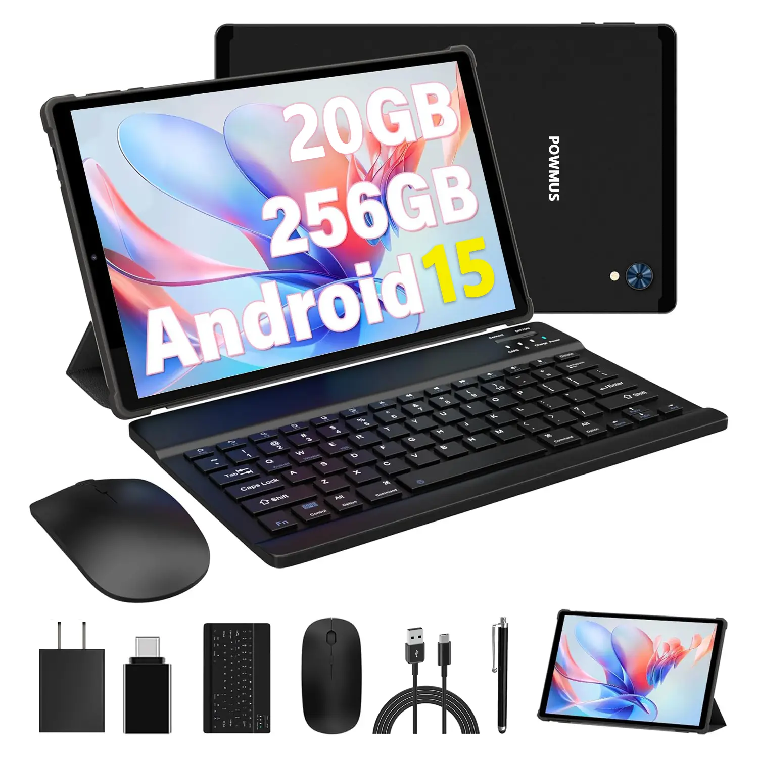 POWMUS Android 15 Educational Tablet 10.4 Inch with Keyboard Mouse Case, 8GB RAM 256GB Storage, Octa-Core Processor, 2000x1200 IPS Touchscreen, 1TB Expandable, Dual Camera, WiFi Bluetooth Tablet PC for Study Work Entertainment