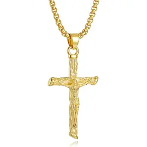 Trendy Cross Pendant Necklace for Men, Classic Crucifix Design with 22 Inch Box Chain, Multi Color Fashion Neck Jewelry, Stylish Religious Christian Daily Party Gift for Guys
