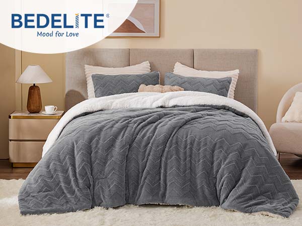 BEDELITE Wave Fluffy Sherpa Comforter Set, Super Soft Sherpa Comforter for Twin Queen KIng Size Bed, Luxury Warm Bedding Set for Winter, Fuzzy Bed Set