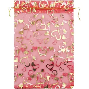8 x 12 Inch 100 Drawstring Heart Flower Bags Organza   Pouch Candy Pouch Drawstring Wedding Favor Bags (red  heart)