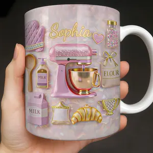 Baking With Love Sweet Treats Mug Pink Mixer Tools Gift, (Leave Note at Checkout), 2D Printed 3D Effect Coffee Cup, Baking Kitchen Theme Mug, Custom Name Baker Gift Idea, Pastry Lover Keepsake, 11oz Ceramic Mug