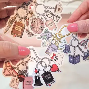 6 Keychain Book Tropes Reading Book Lover - Waterproof Glitter or Glossy Stickers 2.75" Size Customizable for Kindle Book or Tablet Durable Stylish Design