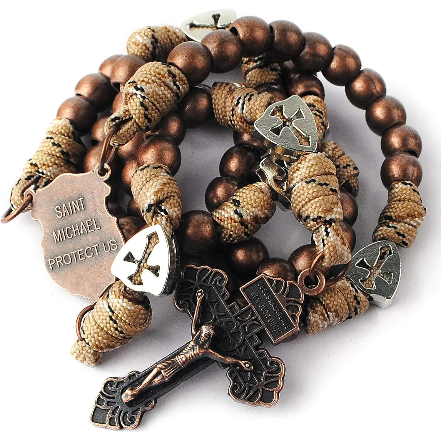 Men's Antique Bronze Large Metal Beads Paracord Rosary Necklace, Rugged Durable, Pendant Design, St. Michael Center Piece, Pardon Crucifix