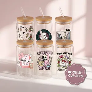Bookish Glass Tumbler with Lid & Plastic and Glass Straws, Book Lover Romantasy Horror Reader Drinkware