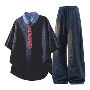 New Summer Men’s Preppy Jacquard Casual Set: contrast color notched lapel tie short-sleeve shirt + high-waisted drawstring wide-leg jeans; comfortable for everyday commuting, premium quality.