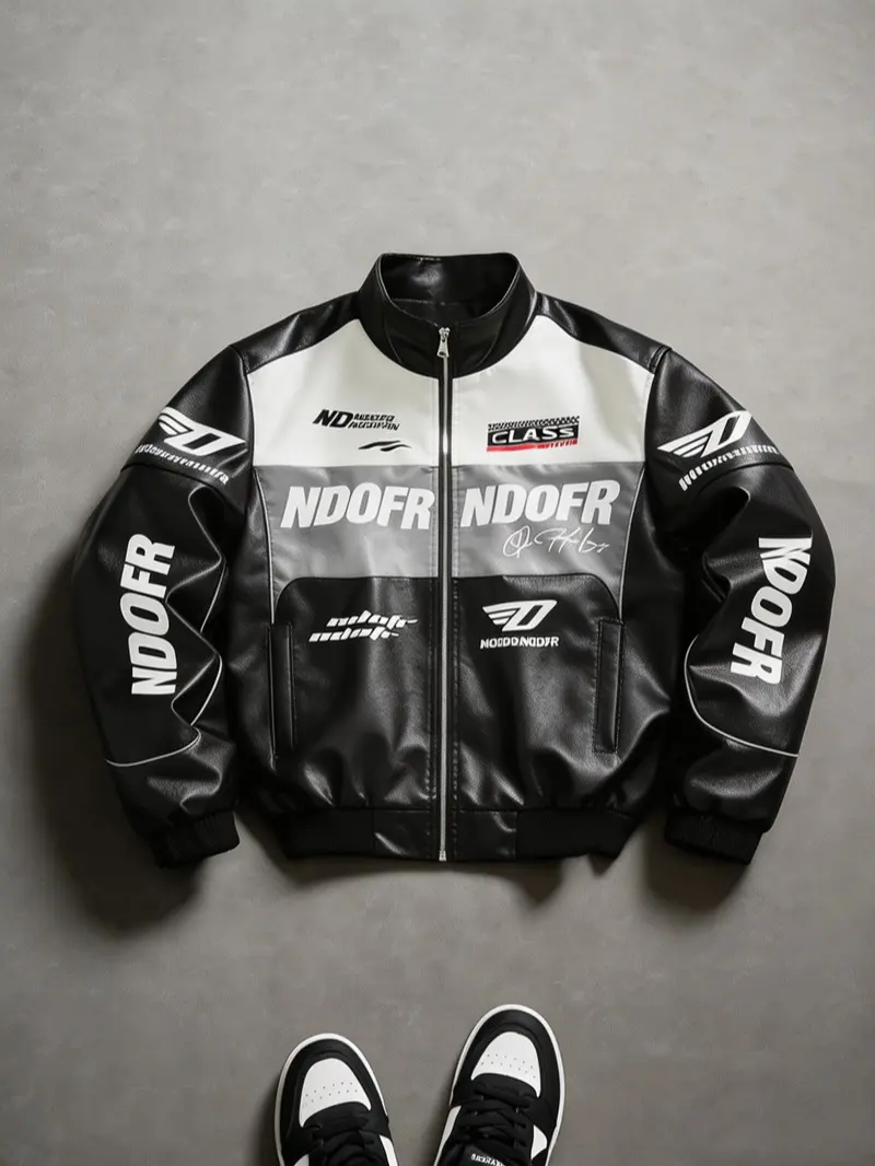 Men’s racing-style faux leather motorcycle jacket, Y2K American street style zip-up outerwear with color-block letter print, stand collar, loose casual fit, suitable for streetwear and everyday outings, available in multiple colors.