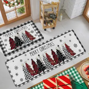2/3pcs Christmas Kitchen Carpet Floor Mat, Buffalo Grid Christmas Happy Grid Christmas Tree Snowflake Pattern Non slip Floor Mat, Kitchen Foot Mat, Kitchen Flannel Non slip Carpet Mat, Home Decoration for Front Door, Kitchen, and Bathroom