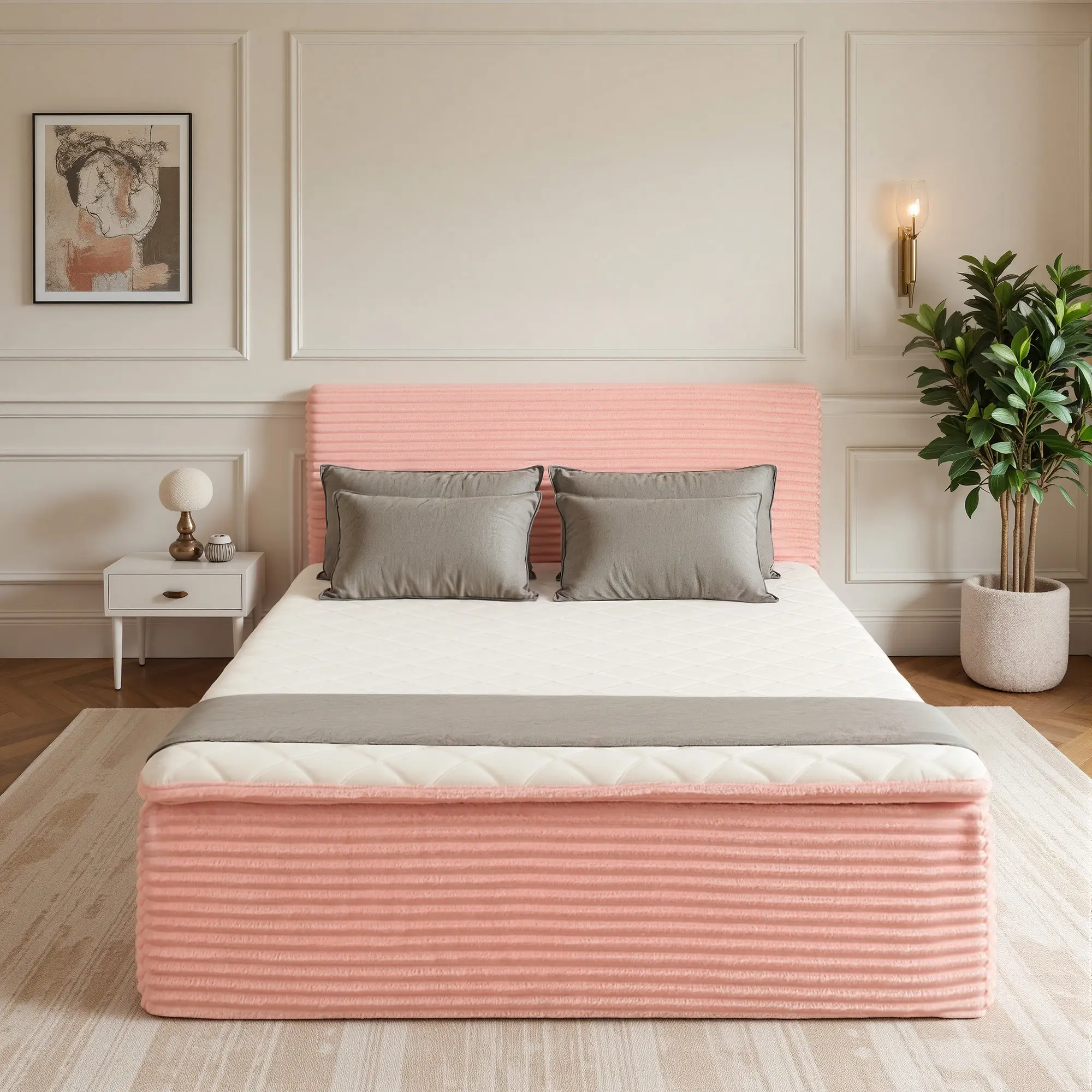 ALLWEX 55" Full Size Compressed Platform Bed with Mattress Included, Upholstered Bed Frame with Padded Headboard, 6-Layer Hybrid Mattress with Pocket Springs & Adaptive Foam, No Box Spring Needed, No Assembly Required