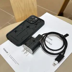 6 Piece Set Pattern Protective Phone Case + Charger Head Cover + Cable Protector + Storage Rope + Data Line Protection Apple iPhone Gift Accessories