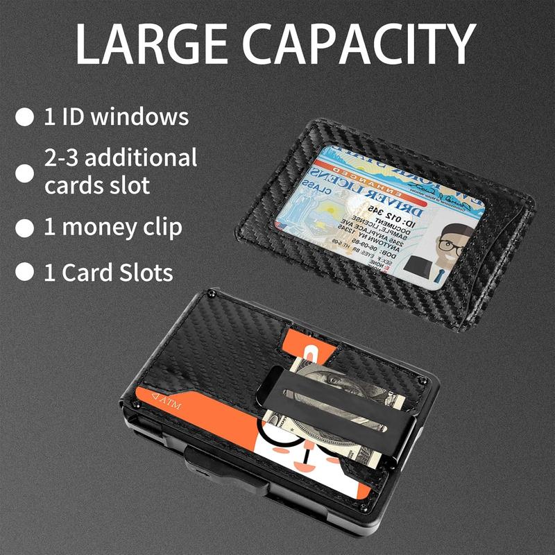 Slim AirTag Wallet for Men - Pop-Up Aluminum Case, RFID Blocking Leather Bifold with Money Clip & Card Slots, Includes Gift Box,No Airtag Included,Carbon Black