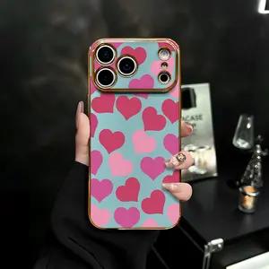 Gold Edge Heart Pattern Phone Case for iPhone 17 Pro Max 16 Pro Max 15 Pro 14 13 12 11 Series Simple Color Matching