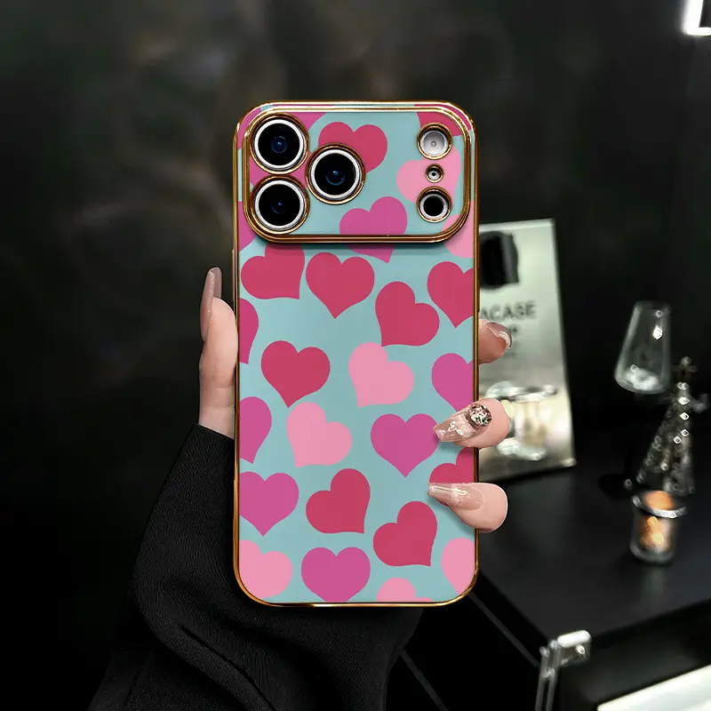 Gold Edge Heart Pattern Phone Case for iPhone 17 Pro Max 16 Pro Max 15 Pro 14 13 12 11 Series Simple Color Matching