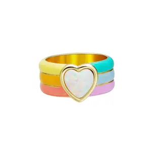 Rainbow Enamel Heart Ring with Genuine Opal Inlay, Gold-Tone Statement Band, Coquette Y2K Candy Jewelry, Gift for Her, Everyday Glam, Fast Free US Shipping (Ships Next Day from NV)