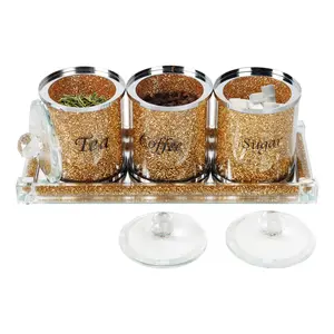 4 Pcs Coffee Sugar Container Set, Tea Canister and Crushed Diamond Tray, Decorative Kitchen Canisters with Lid, Bling Glass Snacks Sugar Containers Kitchen Coffee Jar Storage Containers