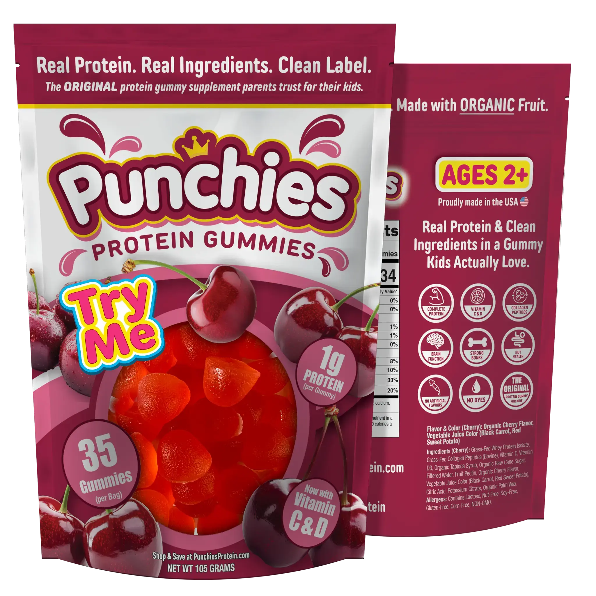 Punchies Protein Gummies for Kids | Whey, Collagen, Vitamin D, Vitamin C | Cherry