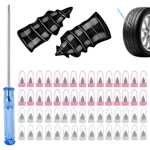 Tire Repair Tool Kit - 60 PCS with 2 Sizes Fit Holes Spiral Screws Rubber Nails, Fast Self-Service Tubeless Tire Puncture Fixer for Car, Bicycles (Ideal for Bike Owners)