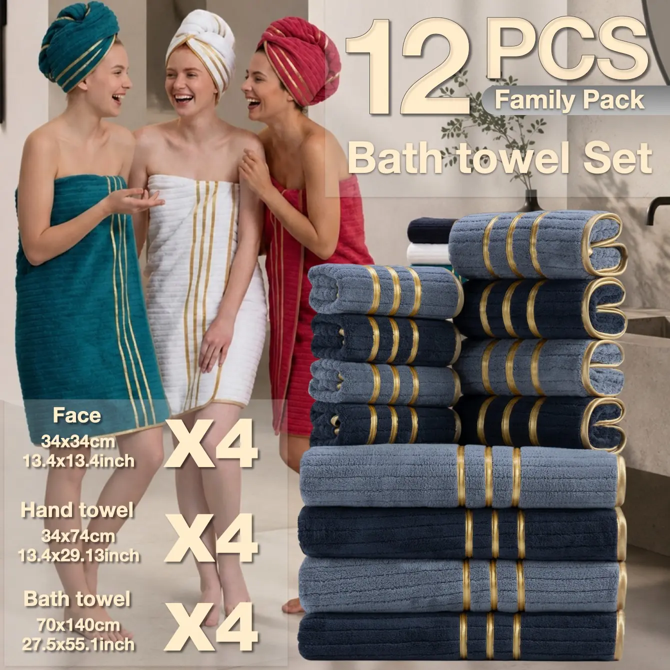 12-Piece Luxury Bath Towel Set, Quick-Dry Super Absorbent, Thick Ultra-Fine Fiber, Hotel Quality, Suitable for Spa, Home, Camping, School, Factory, Quick Drying Towels, Towels For Bathroom