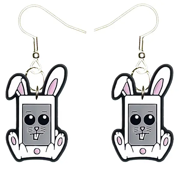 Cellphone Rabbit Earrings Hypoallergenic Silver Plated Fishhooks Yazzle Dazzle Original Artwork Hare Doe Buck Forest Soft Fluffy Furry Cottontail
