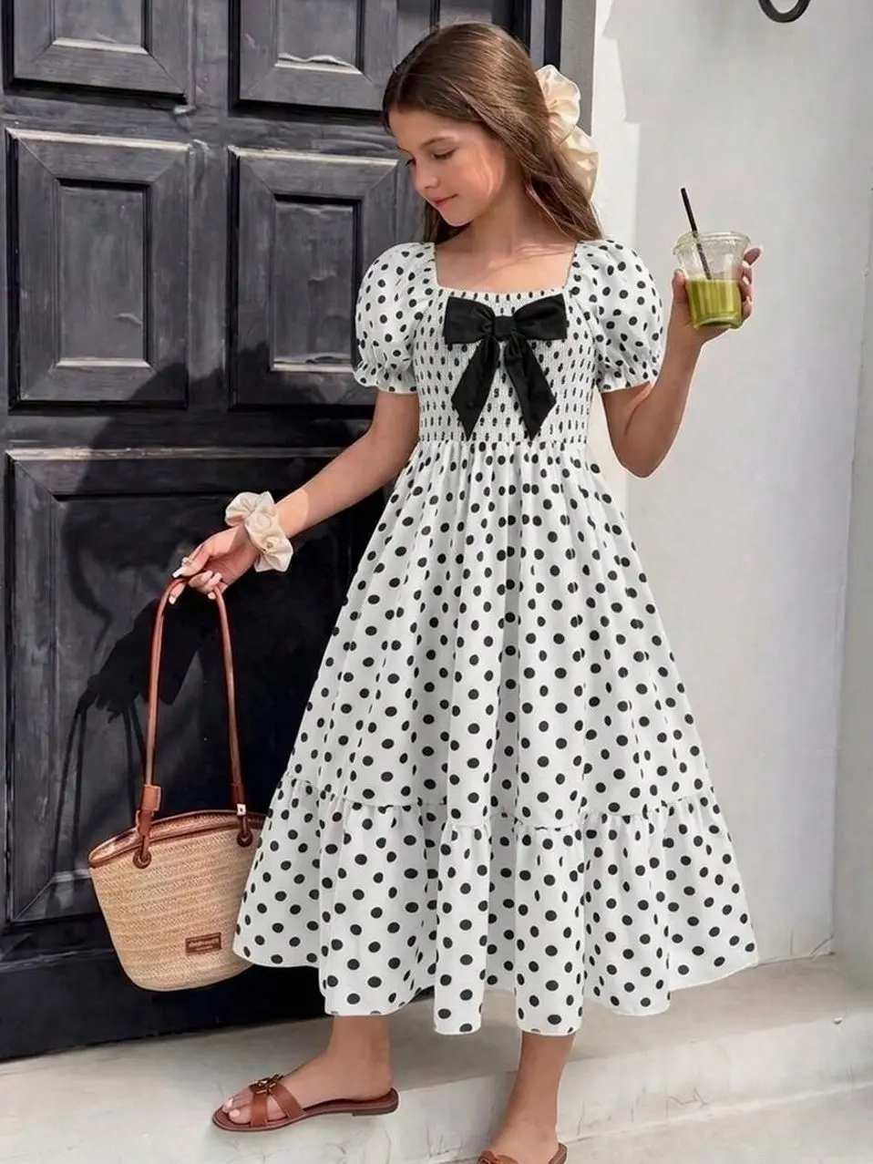 Tween Girls Floral Off-Shoulder Mini Dress, Puff Sleeve Ruffle Hem Bow Decor Pastoral Summer Graduation Outfit
