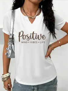 2026 New Women's V-Neck Short Sleeve Casual T-Shirt Top, Unique Slogan Print, Breathable Comfort, Ideal for Spring and Summer