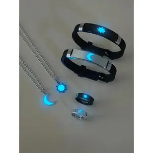 6 Piece Glow-In-The-Dark Moon & Sun Couple Necklace Bracelet Ring Couples Jewelry Set, Simple Cute Style, Perfect Gift for Valentine's Day