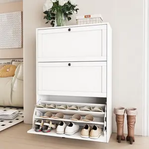 VOWNER Ultra-Slim Particle Wood Freestanding Shoe Rack Organiser - 3 Flip Drawers, 3-Tier Foldable Cabinet with Adjustable Shelf, High Load Capacity, Anti-Tip Safe, Multilayer Storage Racks for Entryway, Hallway, White