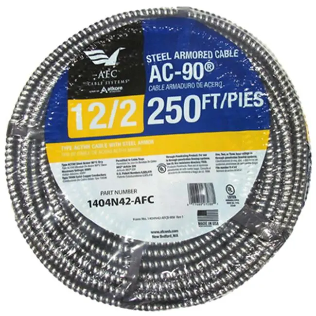 212 MAIN Aluminum Bond AFC Cable System 1404N42-AFC, 250 ft 12/2 ACT Steel Jacket Armored Cable, 12 Gauge Copper Conductors, 46.1 lbs for Cycling, Outdoor Recreation, Two 12 Gauge Conductors