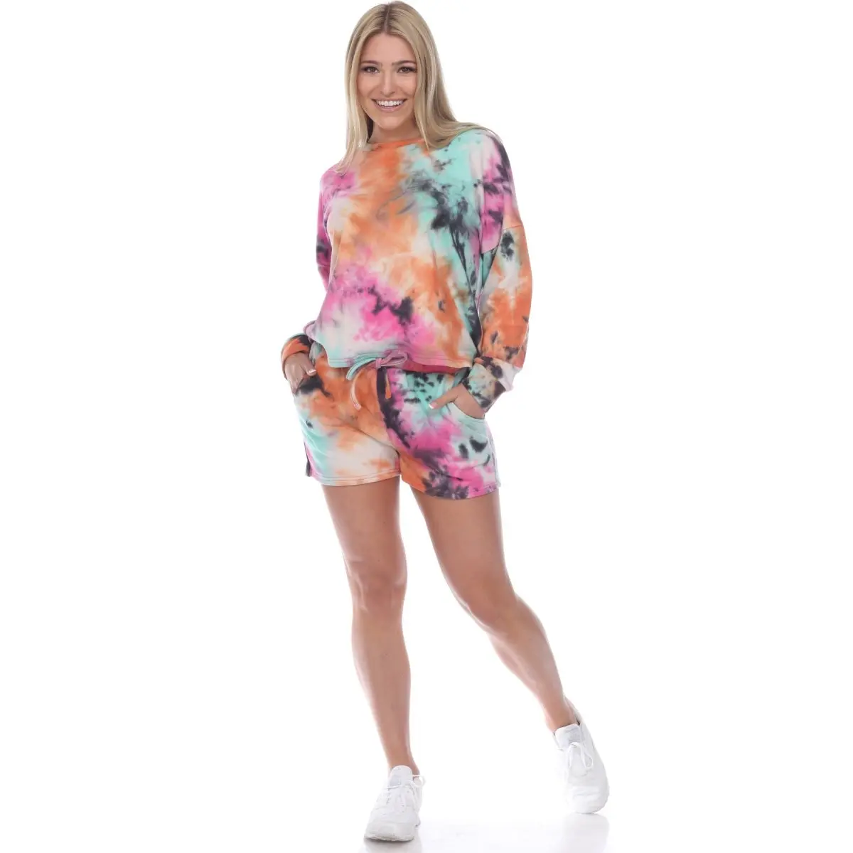212 MAIN Trend Chic Tie-Dye Print Matching Colors Dog & Cat 2-Piece Long Sleeve Round Neck Festival Loungewear Set - Large Mint & Pink Top & Shorts (3699-04-L)