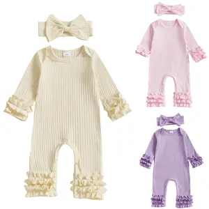 Newborn Baby Girls Coming Home Outfit Ribbed Knit Long Sleeve Ruffle Romper Pants  Jumpsuit with Headband Valentines Day Outfit