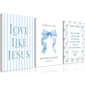 3 Piece Set Christian Nursery Bows Scripture Pink Blue Girls Room Baby Shower Framed Canvas Wall Art Aesthetic Religious Home Decor Gift for Daughter summerwins