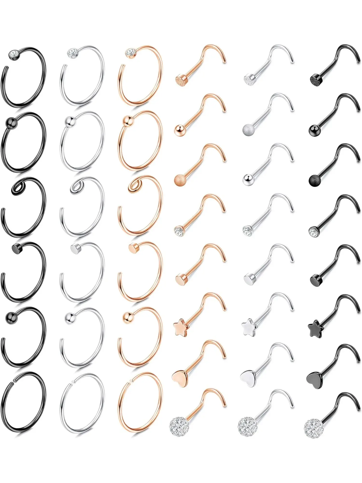 42 Pcs Hoop Nose Rings for Women Men Stainless Steel Nose Screw L Shaped Studs 20G 8-10mm Piercings Jewelry Set