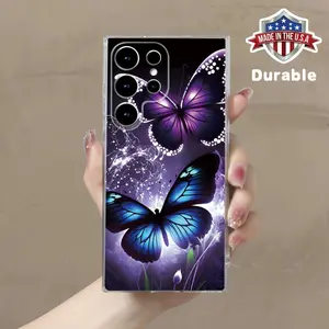 A Beautiful Scene of a Dreamlike Butterfly Shimmering in The Night Sky, Featuring a Simple Printed Phone Case Suitable for Samsung Galaxy S24 Plus 5G 4G Series with Full Coverage Protection And a Transparent Design. Cellphone Smartphone Casing Protective