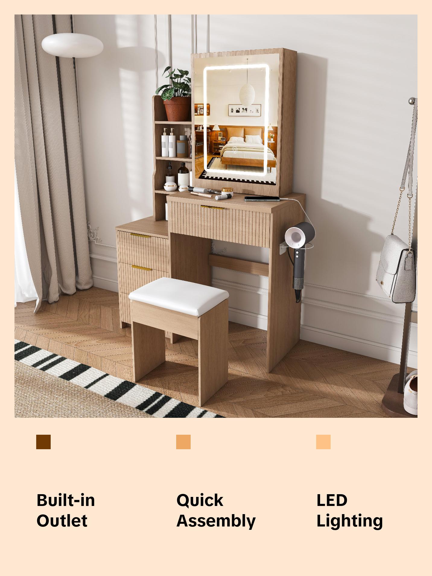 Modern Vanity Desk with LED Lighting 3 Modes & Adjustable Brightness, Makeup Table with 4 Drawers & Storage Shelves, Built-in Power Outlet & Hair Dryer Holder, Easy Assembly