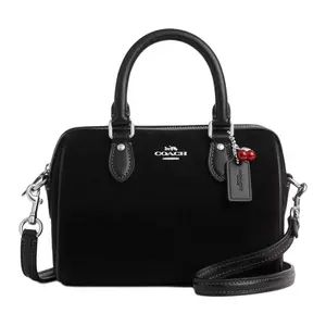COACH Rowan 18 Small Women's Black Suede and Leather Crossbody Bowling Bag with Cherry Blossom Pendant