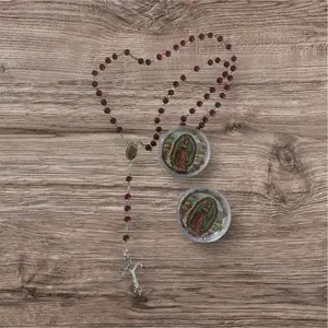 Virgen de Guadalupe Rosary Necklace with Red Beads and Virgin Mary Image for Catholic Devotion