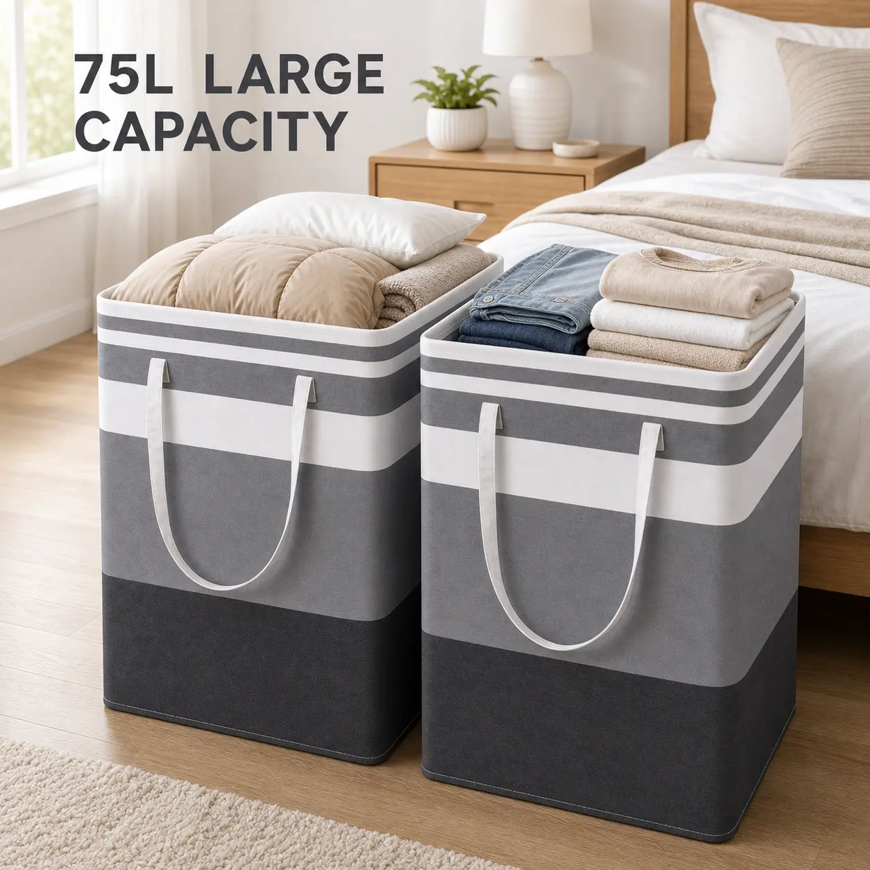 2 x 75L Laundry Hamper, Tall Collapsible Clothes Basket with Waterproof Interior, Long Reinforced Handles and Durable Stitching, Portable Dirty Clothes Storage Bin for Bedroom, Bathroom, Laundry Room, College Dorm, Apartment, Towels and Blankets