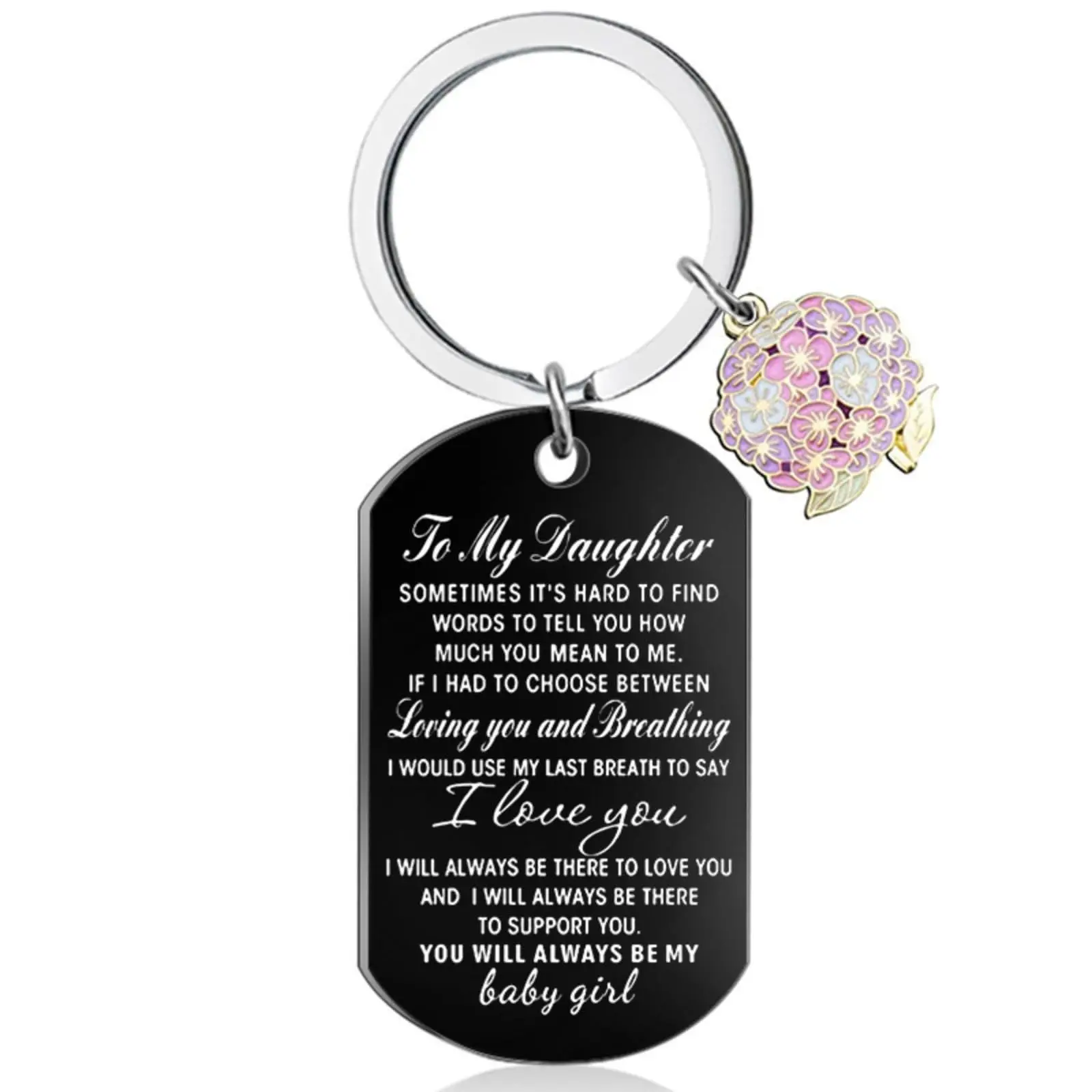 Black Stainless Steel Romantic Keychain for Daughter, Resin Flower Pendant, Engraved "I Love You" Quote, Birthday Graduation Gift with Gift Box, Romantic Keychains, Matte Black, School Backpacks, Anniversary, C Hook, Keychains For Women