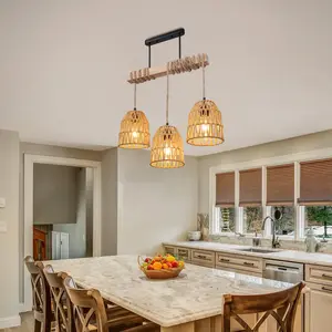 Wood Linear Kitchen Island Light 3-Light Farmhouse Chandelier with Rattan Shade Height Adjustable for Dining Room & Living Room Natural Materials Bohemian Elegance