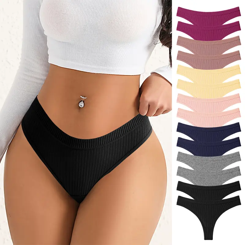 Hotcom Women's Basic Low Waist Ribbed Edge Pure Cotton Seamless Thongs Set - Breathable, Smooth Fabric, Seamless Crotch, Mixed Colors (7pcs/14pcs Option) - Everyday Essential Panties for Women