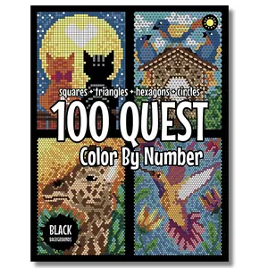 100 Quest Color By Number Squares Triangles Hexagons, Circles on Black Backgrounds quest activity book adults Mother's Day gifts simple coloring page parodic cute whimsical drawing