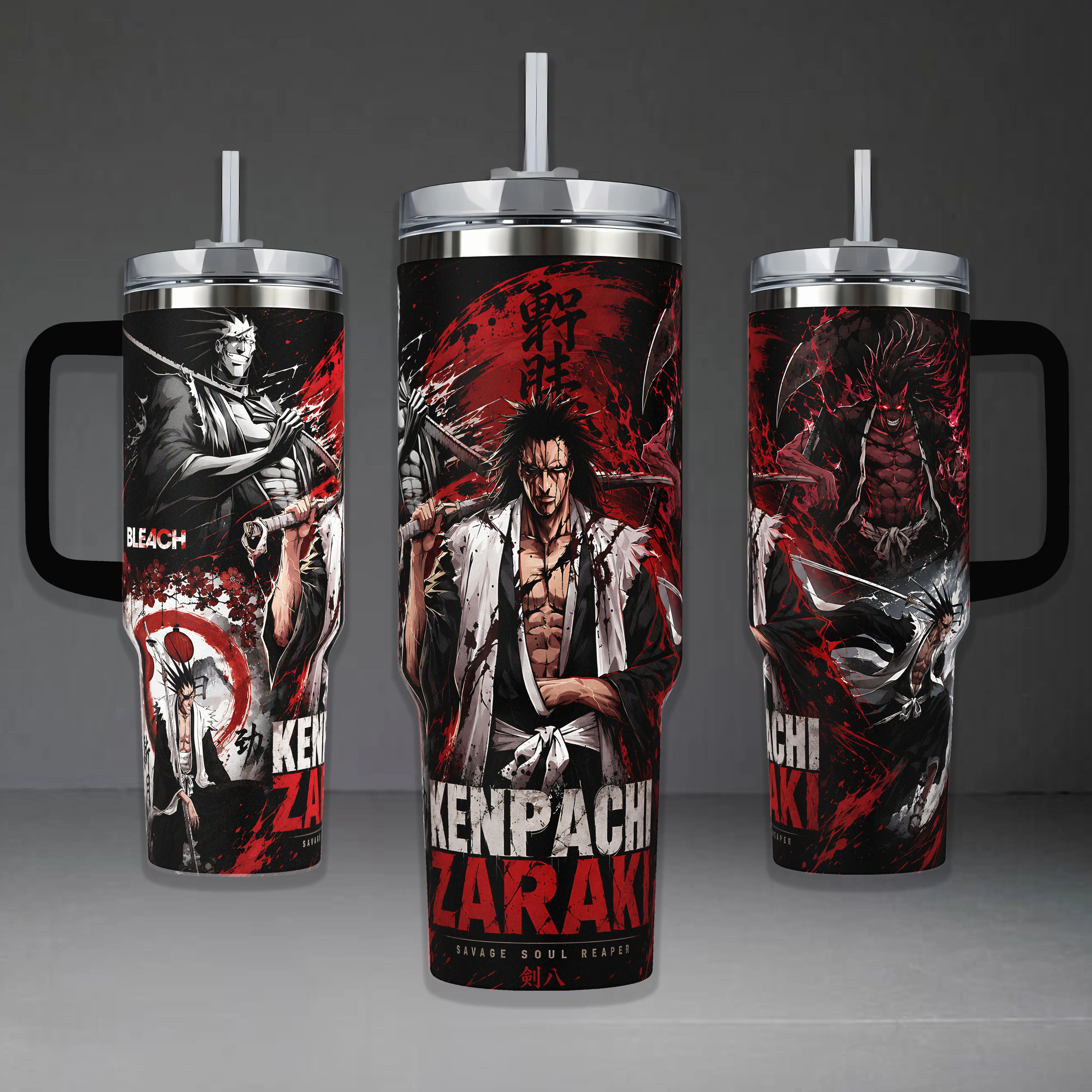 Kenpachi Zaraki Savage Soul Reaper Tumbler, Bleach Captain 11th Division 40oz Cup with Handle, Gotei 13 Battle Spirit 20oz Stainless Steel Travel Mug, Anime Fan Gift, Kenpachi Inspired Insulated Tumbler Featuring Epic Red & Black Design.