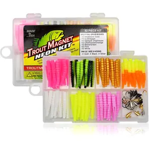 82-Piece Neon Fishing Gear Kit, Includes 70 Grub Bodies Trout Bait and 12 Size 8 Hooks