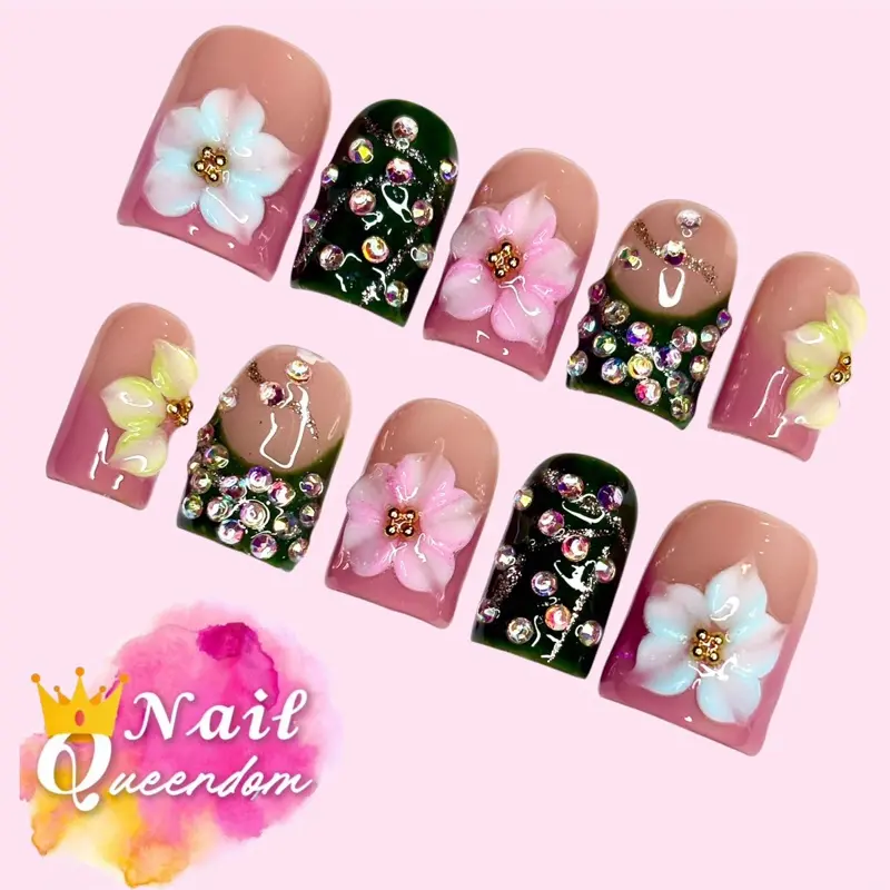 Nail Queendom [MYSTIC GARDEN] Handcrafted Press-On Nails Reusables Long Lasting Salon Quality Easy Application 10 Pieces Set Eco-Friendly 3D-gel Finish