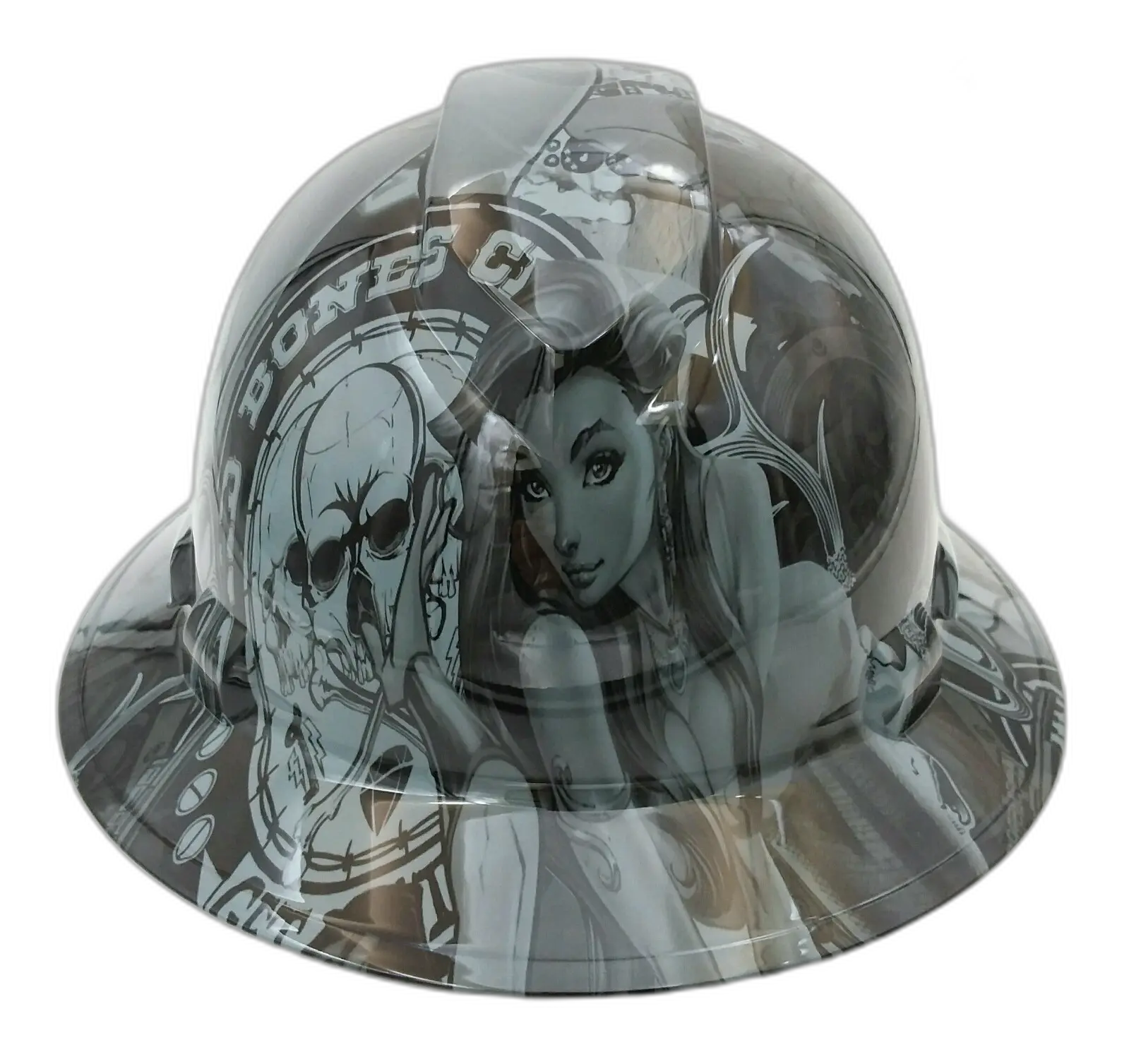 Grey Biker Skull Pin-Up Art - Custom Hydro Dipped Full Brim Hard Hat