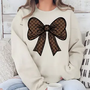 Brown checkered Bow T-Shirt or Crewneck Sweatshirt love casual comfortable super soft relaxed fit unisex Sizing womenswear Streetwear Long Sleeve Top