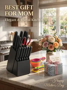 【Mother's Day Gift】14-Piece Kitchen Knife Set with Diamond Pattern, Built-in Sharpener & Wooden Block – Dishwasher Safe Chef Knives + Bonus Measuring Spoons & 10 Cleaning Cloths – Full Kitchen Set Stainless Steel Utensils Pastel