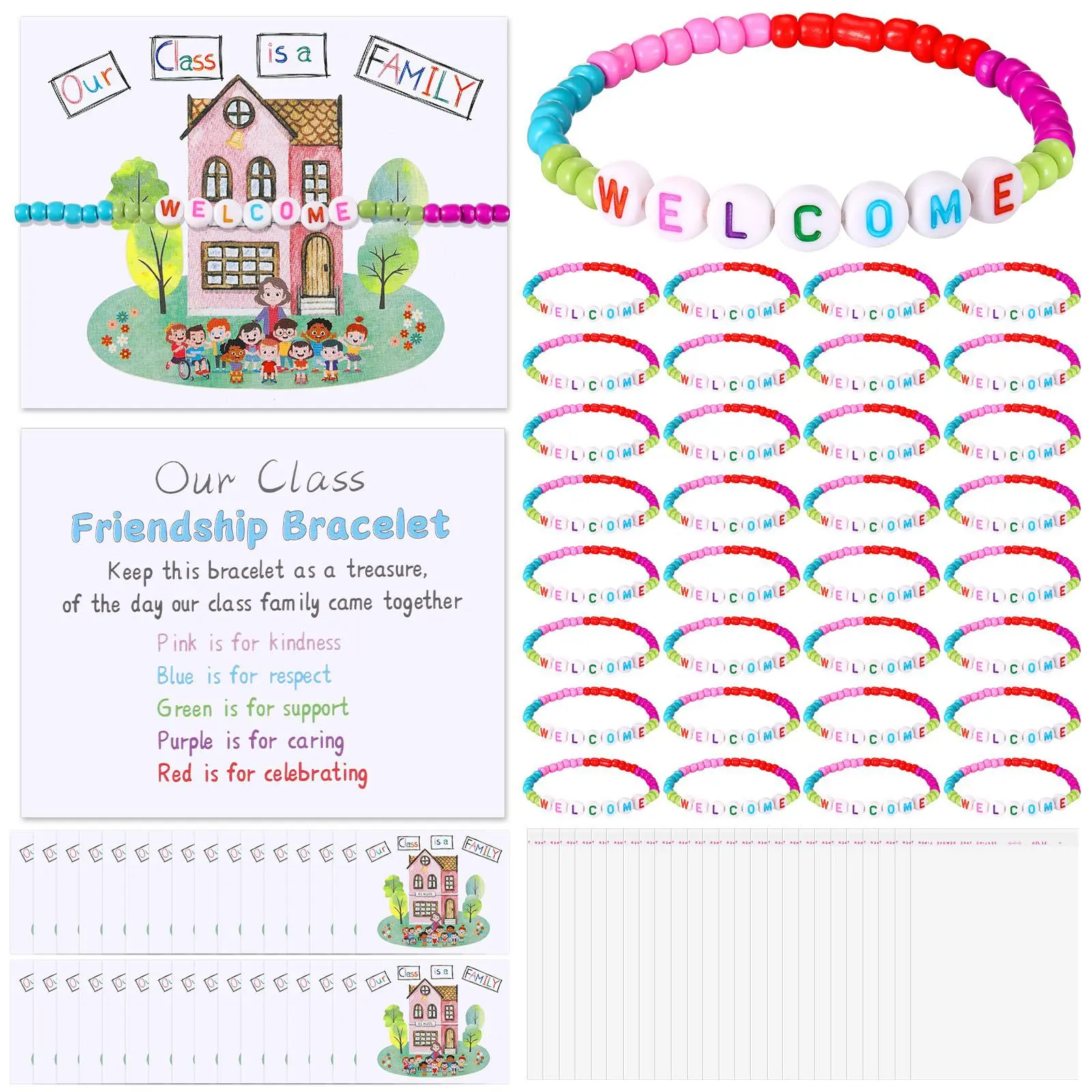 Back to School Gifts For Her/Him -Pack of 25 Welcome Bead Bracelets Gifts Set with "Our Class Is a Family" Themed Card & Portable Bags, Strengthen Classroom Friendship & Spread Warm Kindness