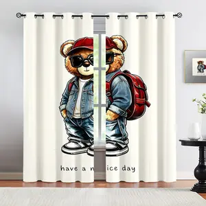 Handsome teddy bear pattern, 2-piece curtain set, suitable for living room, balcony, and bedroom windows, perfect for home, seasonal, holiday room decoration