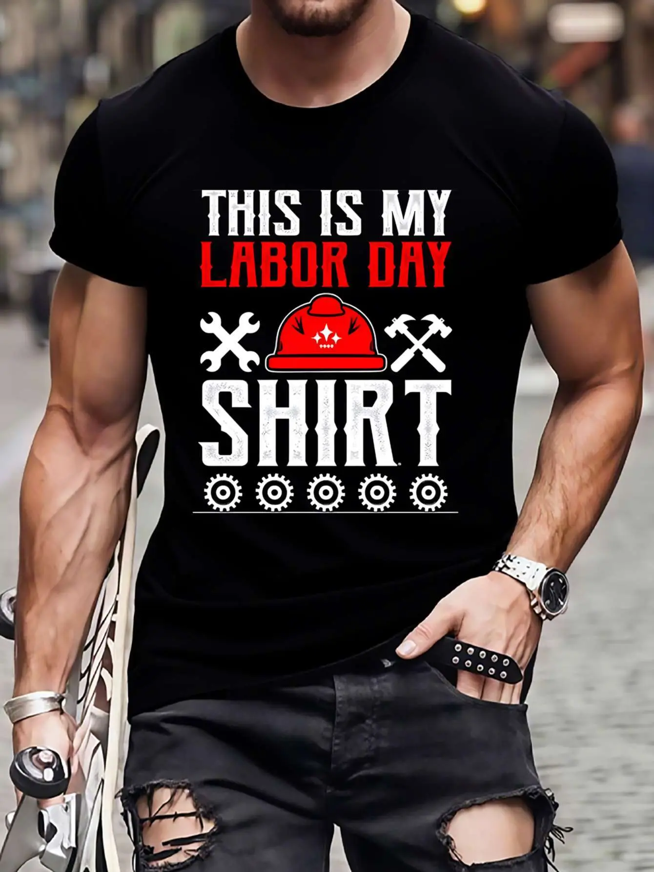 Men's Classic Casual Fit Short-Sleeve Graphic Tee - Luxurious Cotton Clothes, Labor Theme, Bold "This Is My Labor Day Shirt" Print, Safety Helmet & Tool Designs, Black with Red & White Embellishments, Worker-Focused, Sizes 2XL-5XL