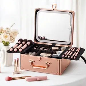 Handheld Makeup Case With LED Mirror, Travel Makeup Case, Lightweight Large Capacity Makeup Box With Movable Partition
